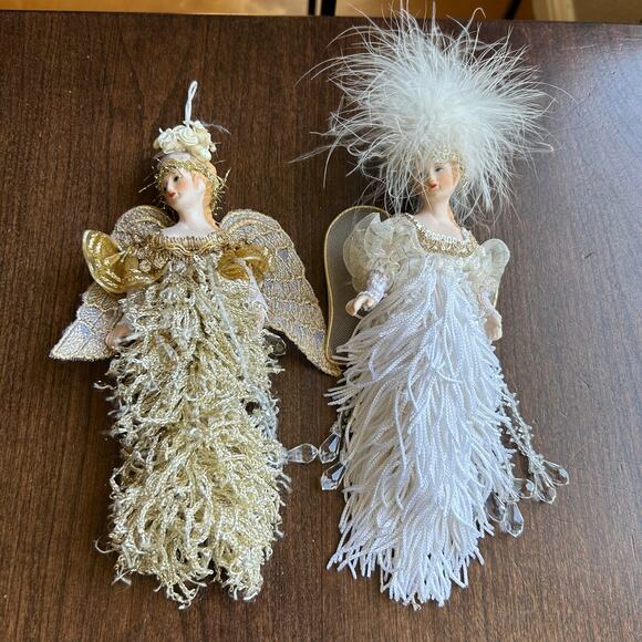 2 Vintage Christmas Angel Ornaments -Jewels fringe Skirt Gold Bead